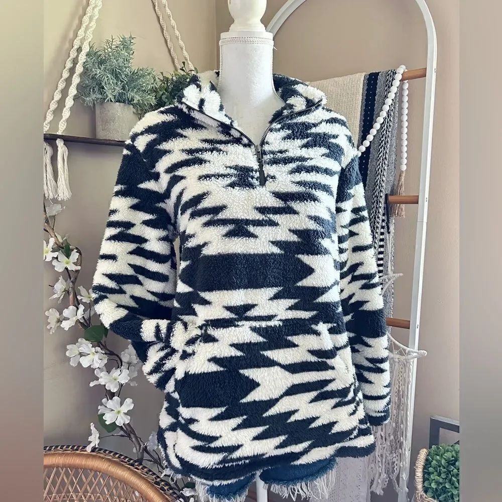 Natural Reflections Geometric Print Sherpa Pullover Quarter Zip Sweater